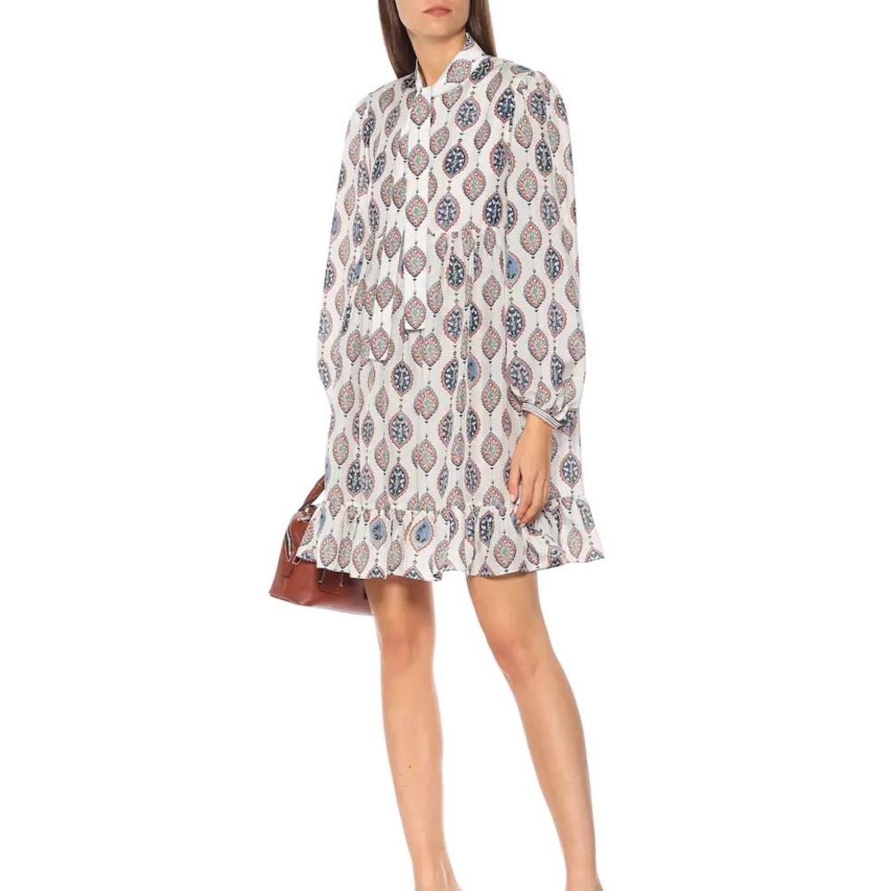 NEW CHLOÉ Printed habutai-silk tie-neck minidress